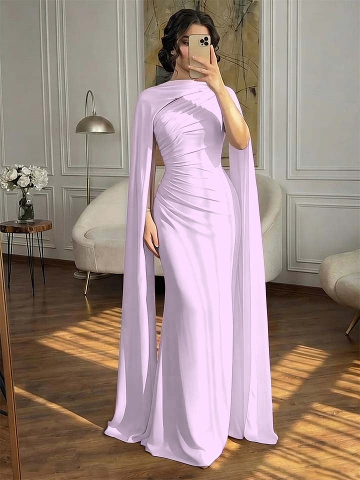 Fashionable Dark Navy Asymmetric Sleeveless Pleated Prom Dress With Scarf