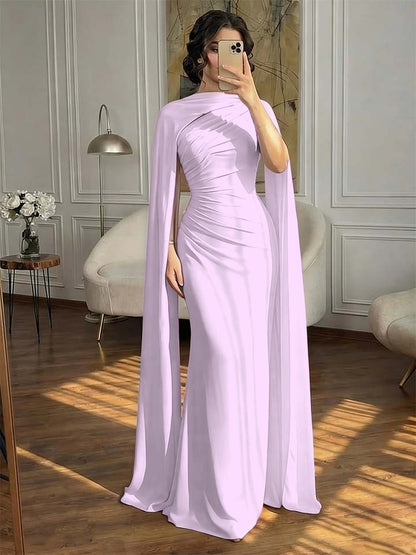 Fashionable Dark Navy Asymmetric Sleeveless Pleated Prom Dress With Scarf