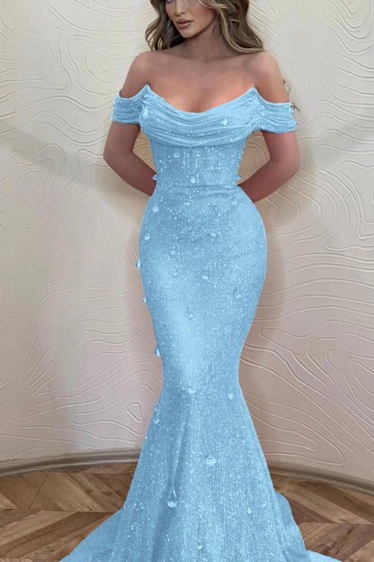 Orange Off-The-Shoulder Prom Dress With Sequins Mermaid