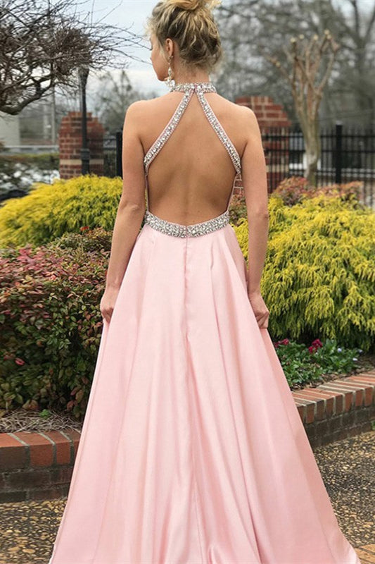 Halter Sleeveless Mermaid Prom Dress Pink With beads