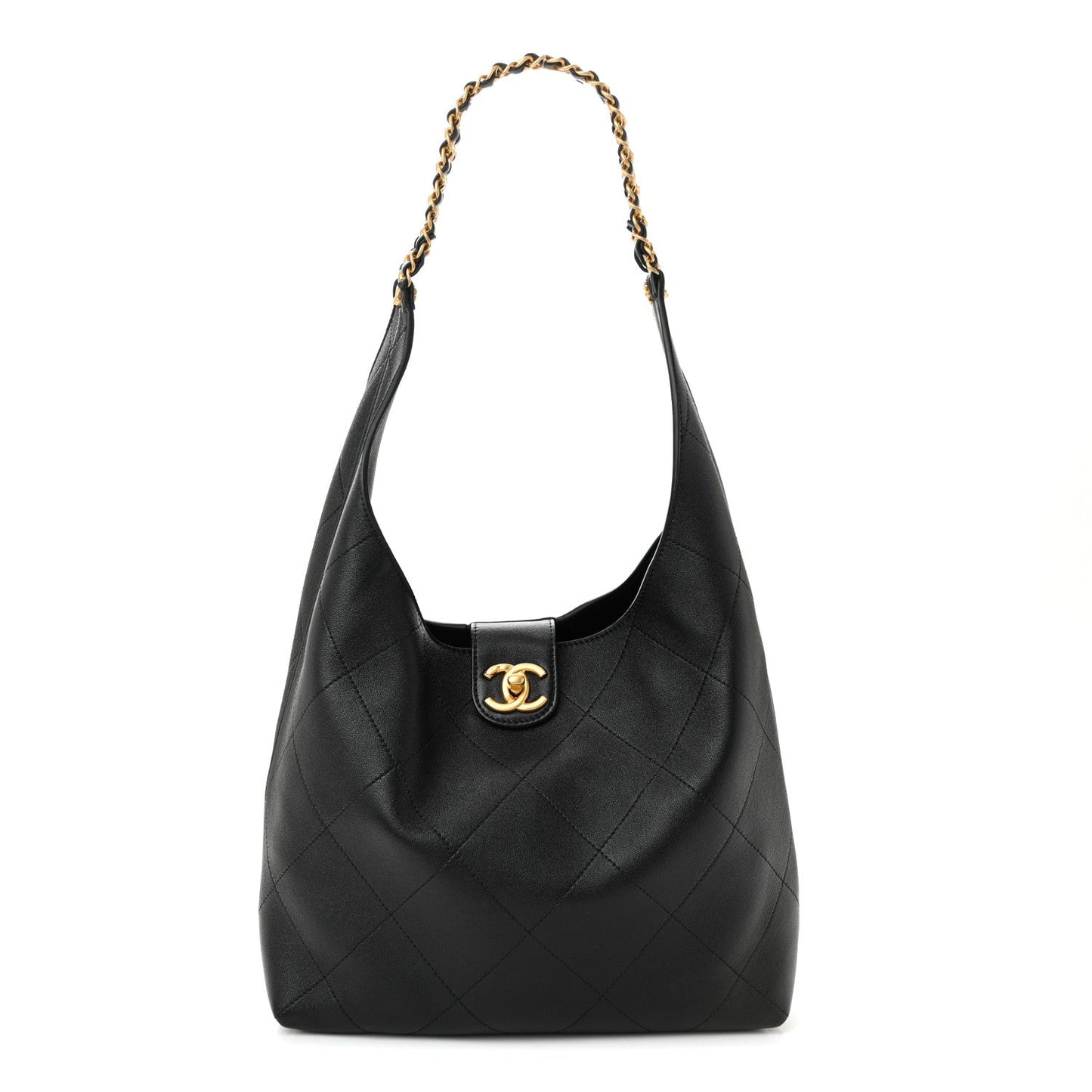 Shiny Lambskin Quilted Medium Hobo Black