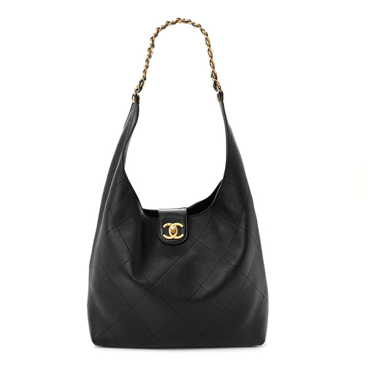 Shiny Lambskin Quilted Medium Hobo Black