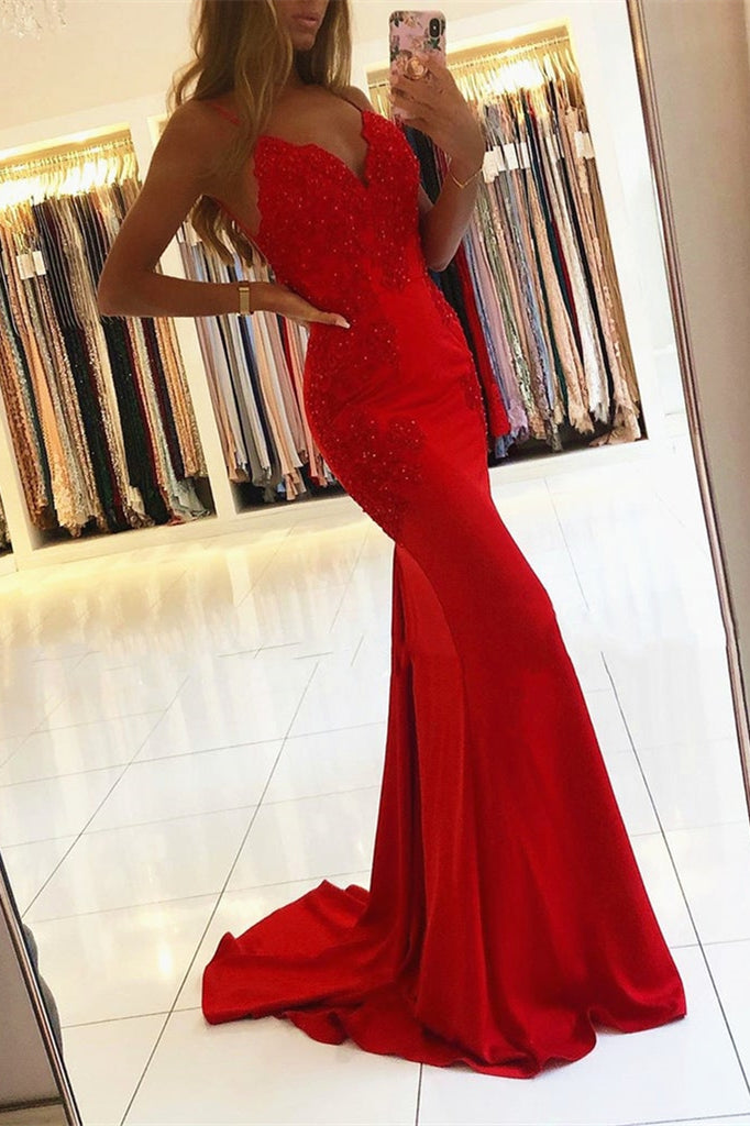 Mermaid Red Spaghetti-Straps Prom Dress With Appliques