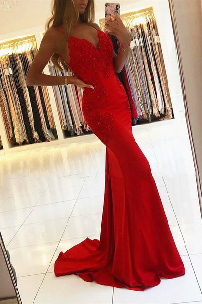 Mermaid Red Spaghetti-Straps Prom Dress With Appliques