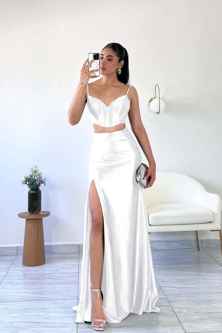 Simple Dark Green Satin Spaghetti Strap Sleeveless Long Prom Dress with Split