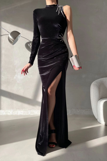 Charming Black Velvet One Shoulder Long Sleeves Long Prom Dress with High Split