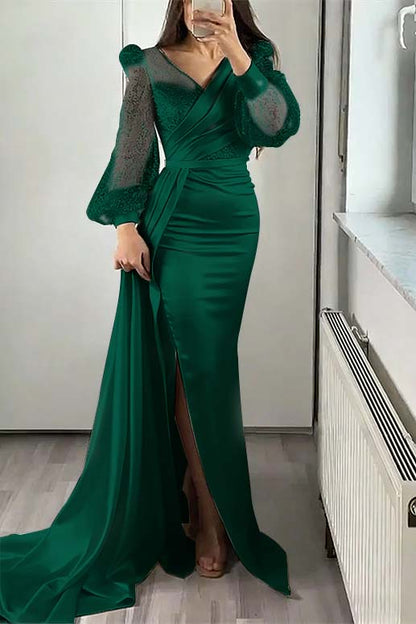 V-Neck Long Sleeves Sequins Mermaid Split Evening Dress With Ruffle