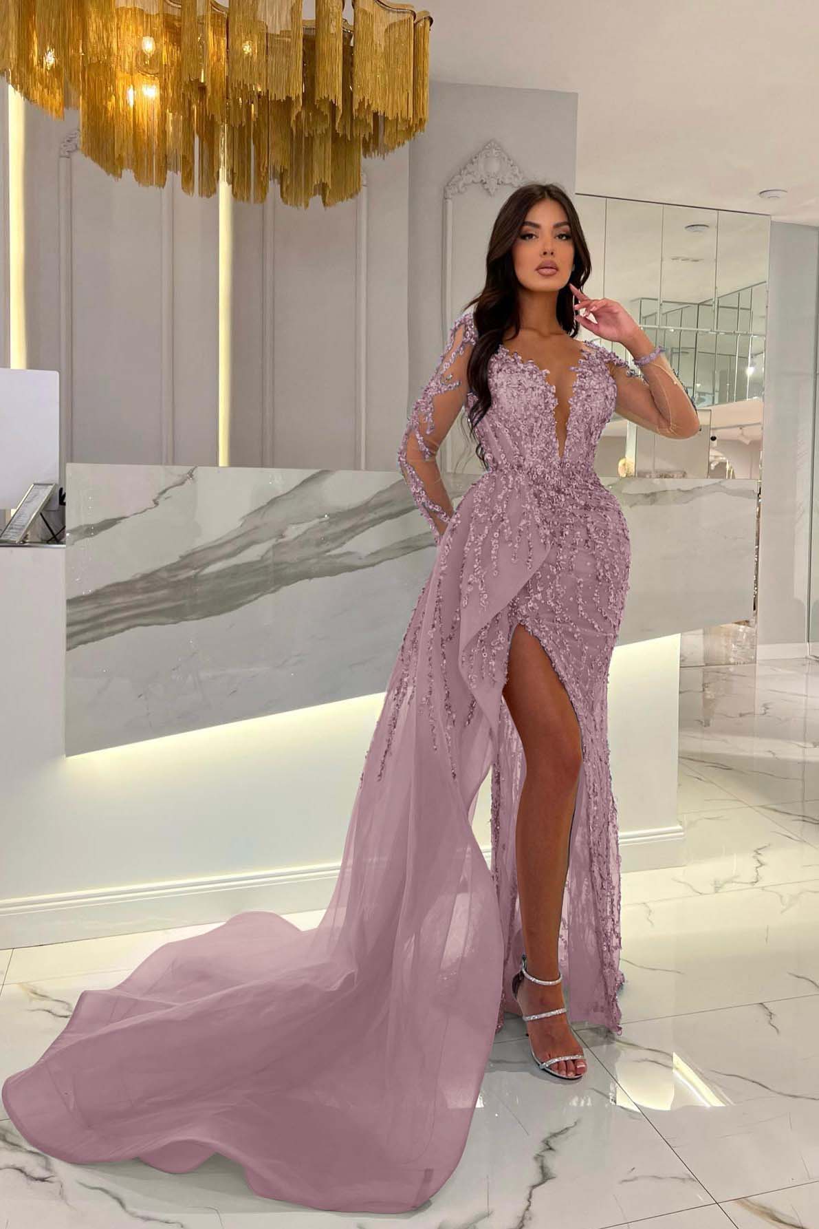 Shiny Blue Slit Mermaid Beaded Prom Dress Appliques Tulle With Long Sleeves
