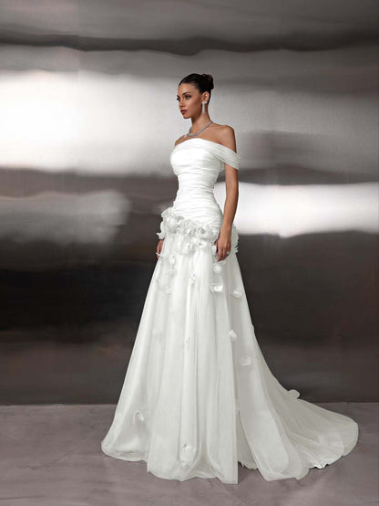 Off Shoulder Sleeveless A-Line Handmade Flower Prom Dress