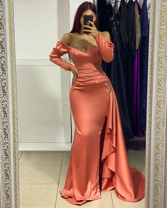 Long Sleeves V-Neck Beads Mermaid Pleated Prom Dress
