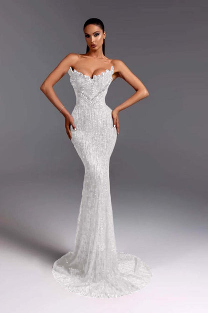 Sleeveless Strapless V-Neck Beads Mermaid Prom Dress