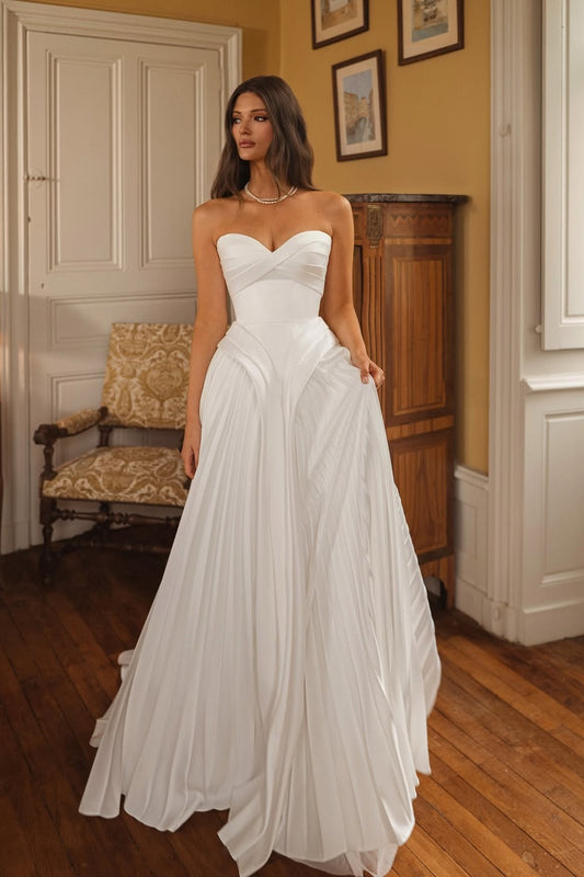 White A Line Strapless Sleeveless Long Dress with Pleated