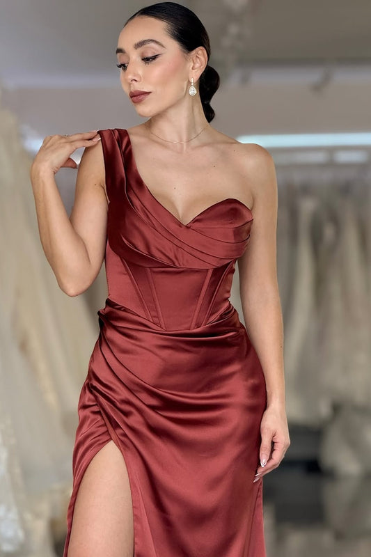 Sleeveless Strapless V-Neck Mermaid Pleated Prom Dress With Split