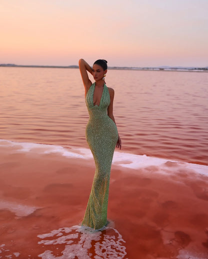 Glamorous Sleeveless Halter Straps Deep V-Neck Prom Dress With Beads