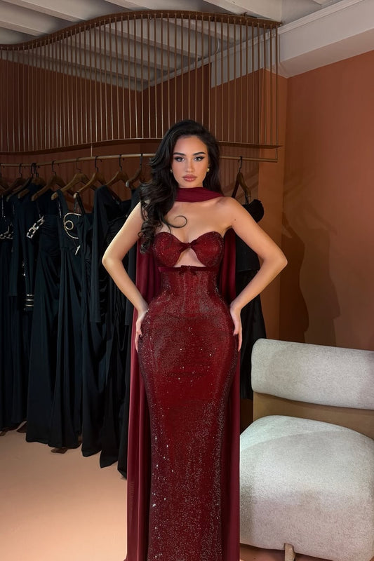 Stunning Sequins Sleeveless Strapless Sweetheart Prom Dress With Gloves
