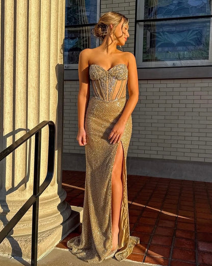 Sleeveless Strapless Beaadeds Mermaid Long Prom Dress