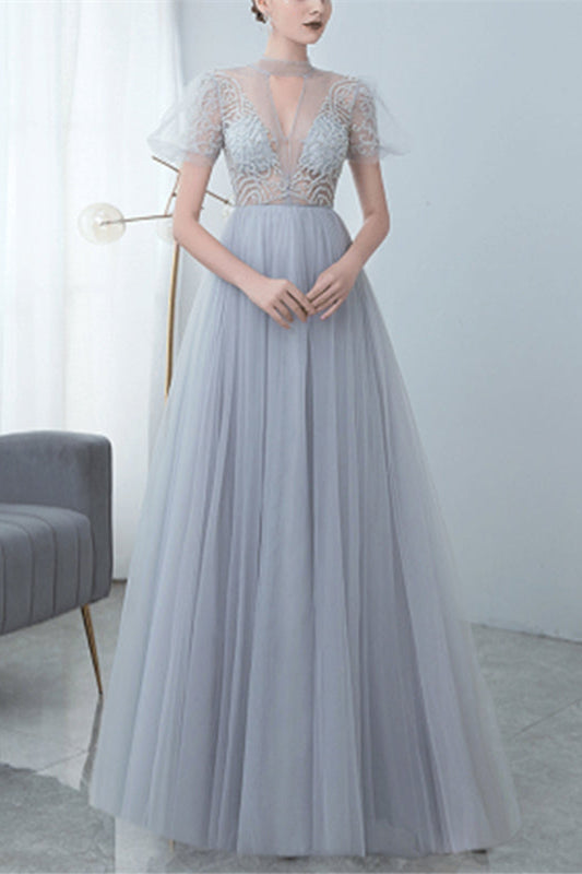 Grey Long Evening Dress Bowknot Tulle With High Collar Appliques