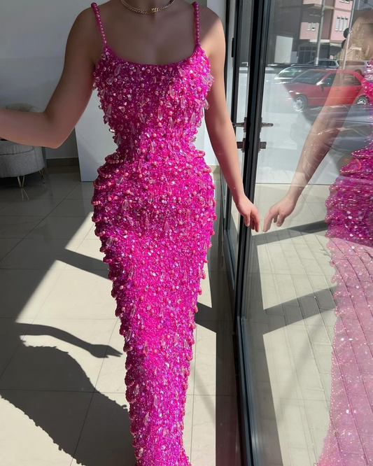 Fuchsia Acrylic Spaghetti-Straps Close-Fitting Mermaid Prom Dress With Pearls Sequins