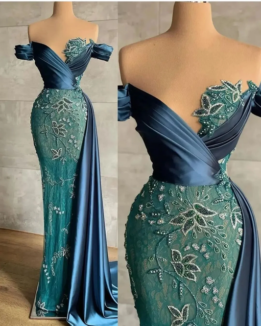 Elegant Off-The-Shoulder Embroidery Embellished Satin Lace Prom Dress in Deep Teal
