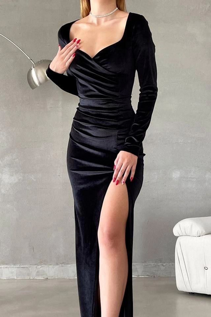 Stunning Regency Velvet Long Sleeves V Neck Long Prom Dress with High Split
