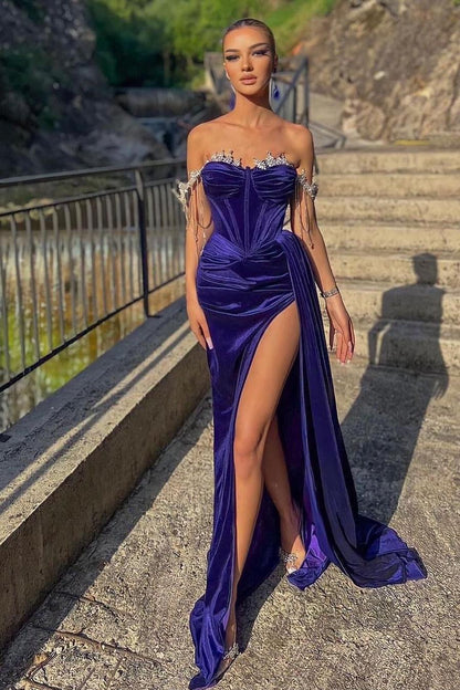 Exquisite Regency Off the Shoulder Strapless Long Split Pleated Prom Dress with Beadings