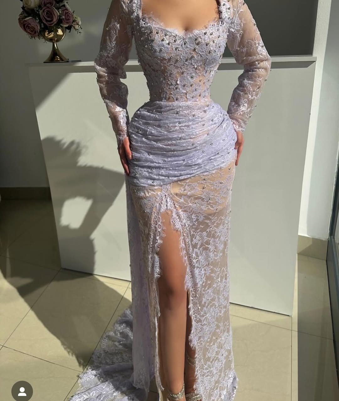 Long Sleeves Embroidery Square Mermaid Beads Prom Dress With Split