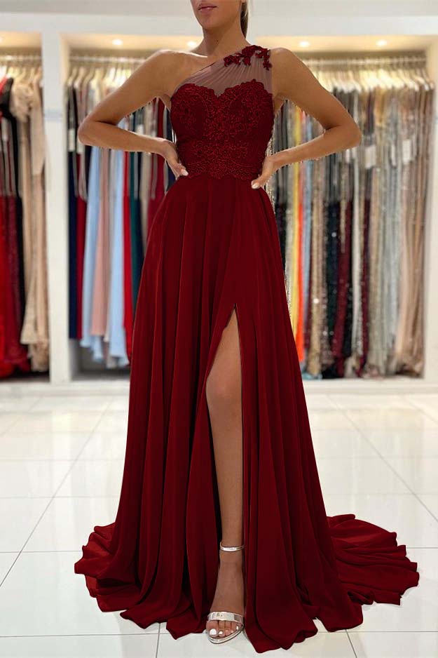 Glamorous One Shoulder Lace Appliques Prom Dress Front Slit