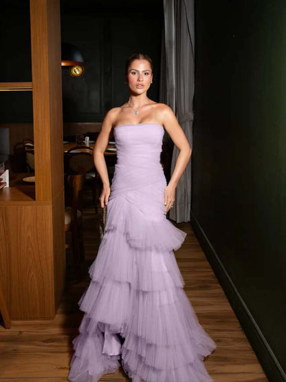 Stunning Straight Across Sleeveless Pleated Tulle Mermaid Evening Dress