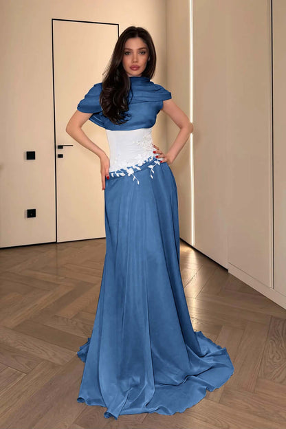 Stunning Chiffon Pleated Embroidery Evening Dress with Draped Shawl Neck