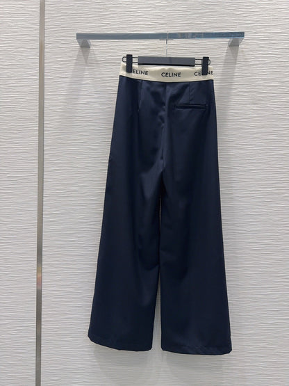 Celine 26S Wide-leg Trousers Celine Belt Navy Blue Polyester Viscose 351295