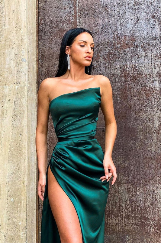 Long Dark Green Slit Evening Dress With Slit