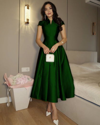 Elegant Pink Short Sleeves A-Line Pleated Satin Ankle Length Evening Dress
