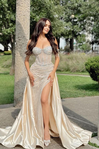 Charming Champagne Satin Strapless Off the Shoulder Sequins Prom Dress with Split