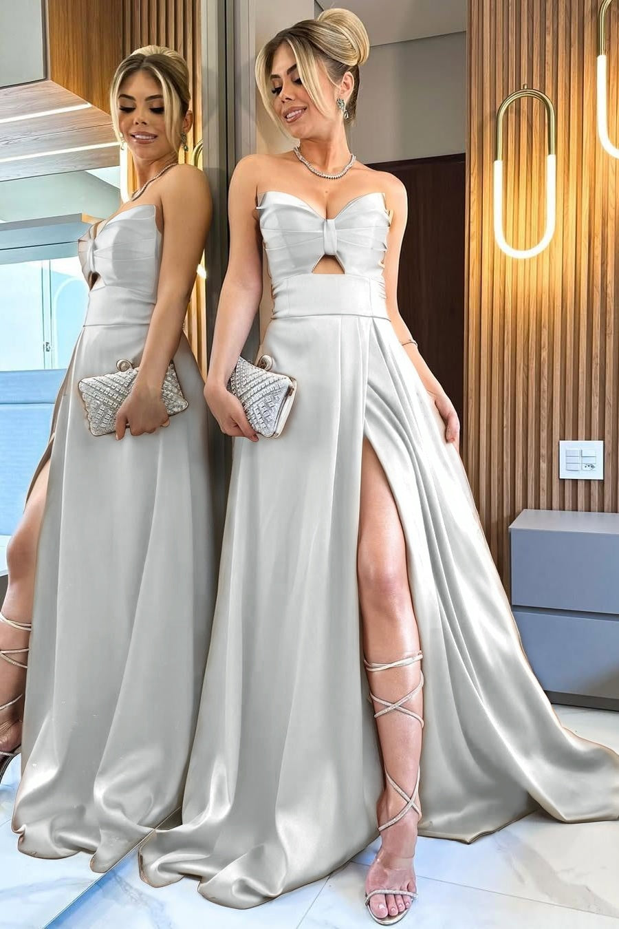 Elegant Satin Sweetheart Sleeveless Strapless Long Pleated Prom Dress with Split