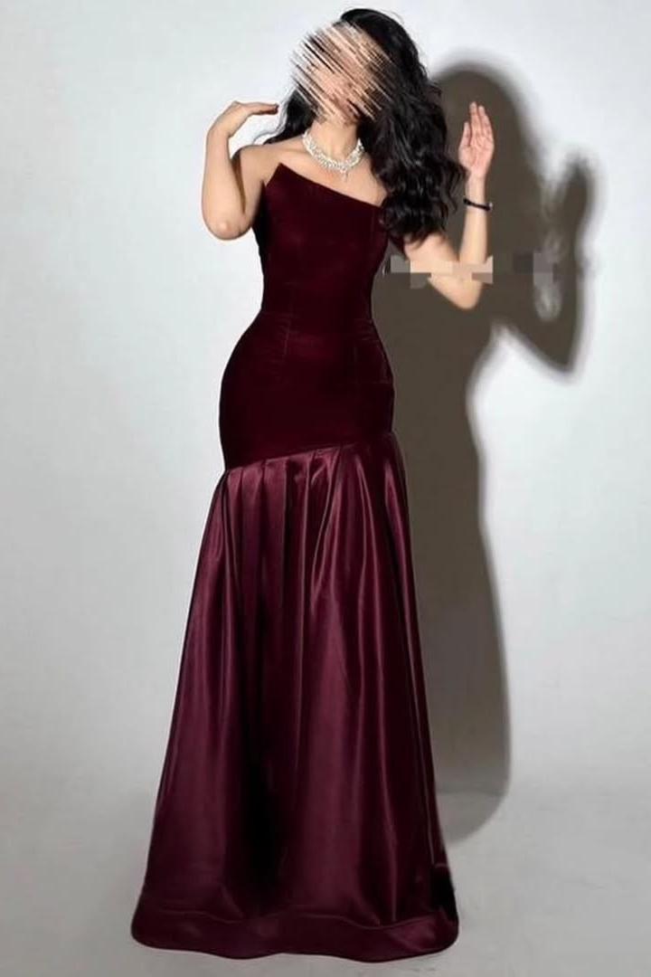 Beautiful Grape Satin Sleeveless Strapless Velvet Long Prom Dress with Pleated