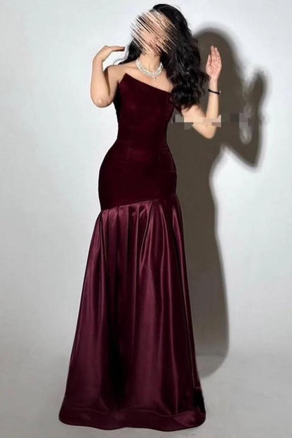 Beautiful Grape Satin Sleeveless Strapless Velvet Long Prom Dress with Pleated
