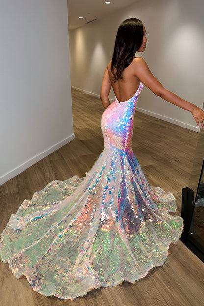 Halter Neck Sequins Sleeveless Mermaid Princess Prom Dress Sleeveless Laser Light Trumpet