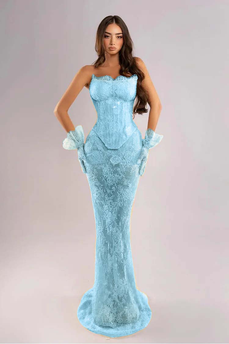 Strapless Sleeveless Long Mermaid Evening Dress With Lace Embroidery Gloves