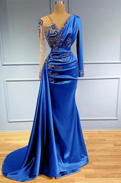 Long Sleeves Beadings Prom Dress V Neck Mermaid