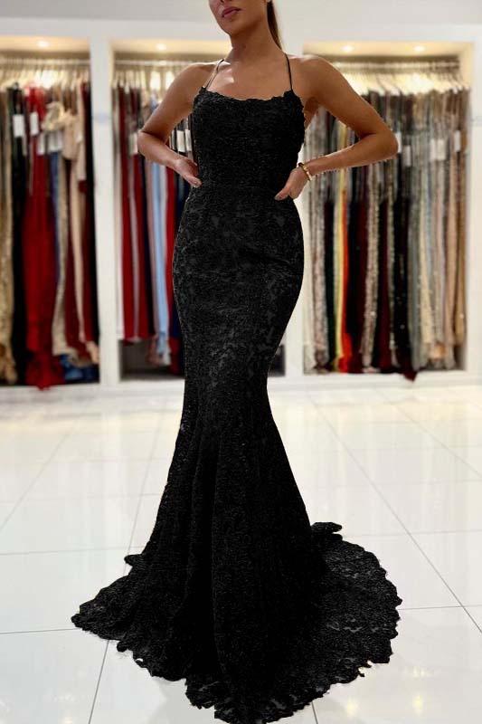 Gold Appliques Long Halter Straps Mermaid Evening Dress