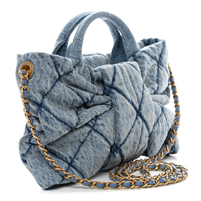Washed Denim Quilted Mini Bow Bag Blue