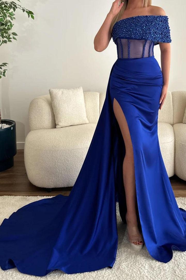 Glamorous Black Satin Off the Shoulder Strapless High Split Prom Dress with Beadings