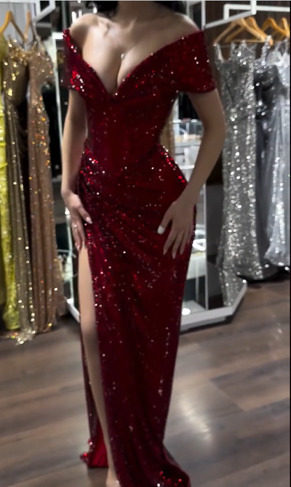Burgundy Off-the-Shoulder V-Neck Prom Dress Slit with Sequins