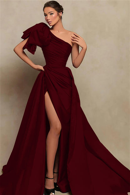 Beautiful Burgundy One-Shoulder Mermaid Prom Dress with Slit