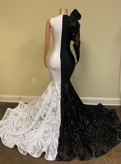 Black and White Lace Long Sleeves Mermaid Prom Dress Sequins