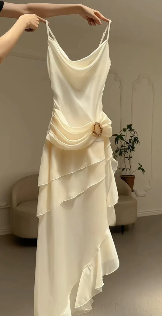 Elegant Sheath Spaghetti Strap Ruffle Ivory Chiffon Prom Dress Evening Dress SH2344
