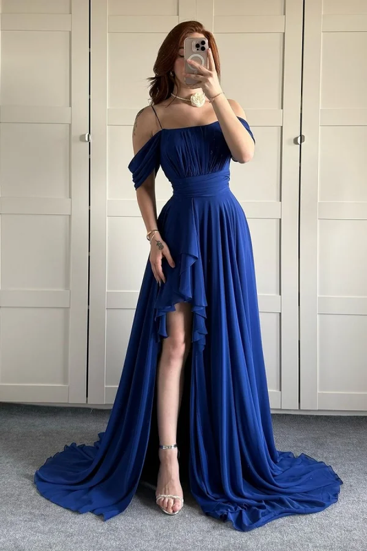 Royal Blue Elegant Split Spaghetti-Straps Off-The-Shoulder Prom Dress