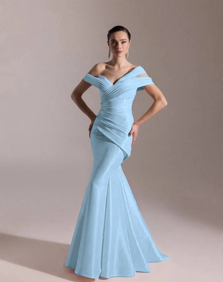 Classic Blushing Pink Off-The-Shoulder Mermaid Pleated Evening Dress