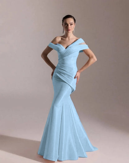 Classic Blushing Pink Off-The-Shoulder Mermaid Pleated Evening Dress
