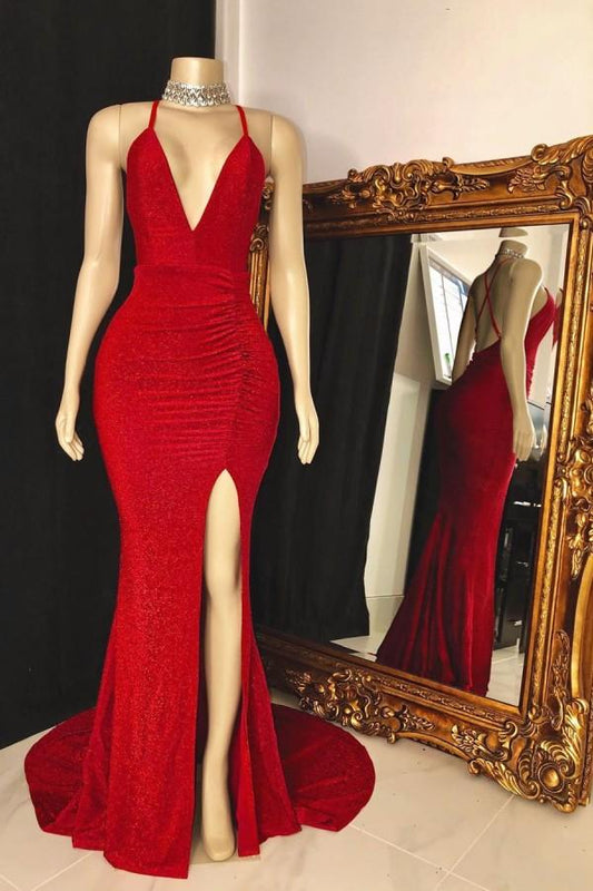 Sleeveless Red Halter Prom Dress With Slit